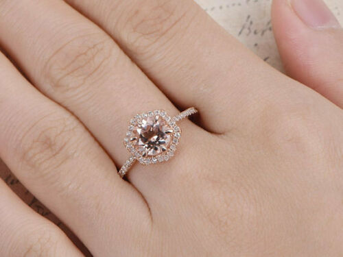 2.30 Ct Round Cut Peach Morganite Halo Engagement Ring Rose Gold Over On 925 Sterling Silver