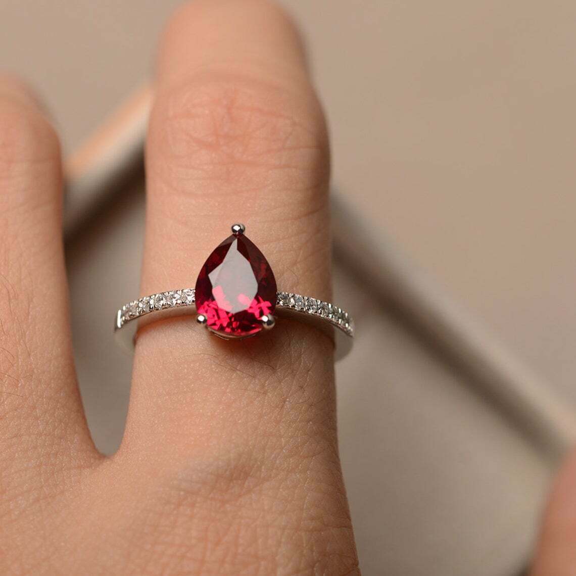2.40 Ct Pear Cut Red Garnet Diamond 925 Sterling Silver Solitaire W/Accents Women's Ring
