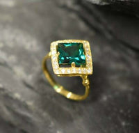 2.40 Ct Princess Cut Green Emerald Halo Engagement Ring Yellow Gold Over On 925 Sterling Silver