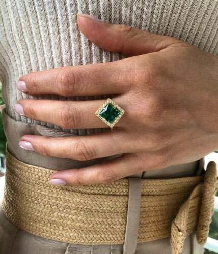 2.40 Ct Princess Cut Green Emerald Halo Engagement Ring Yellow Gold Over On 925 Sterling Silver