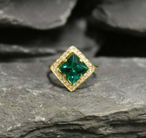2.40 Ct Princess Cut Green Emerald Halo Engagement Ring Yellow Gold Over On 925 Sterling Silver