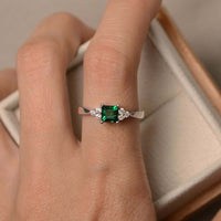925 Sterling Silver 2.40 Ct Princess Cut Green Emerald Solitaire W/Accents Anniversary Gift Ring