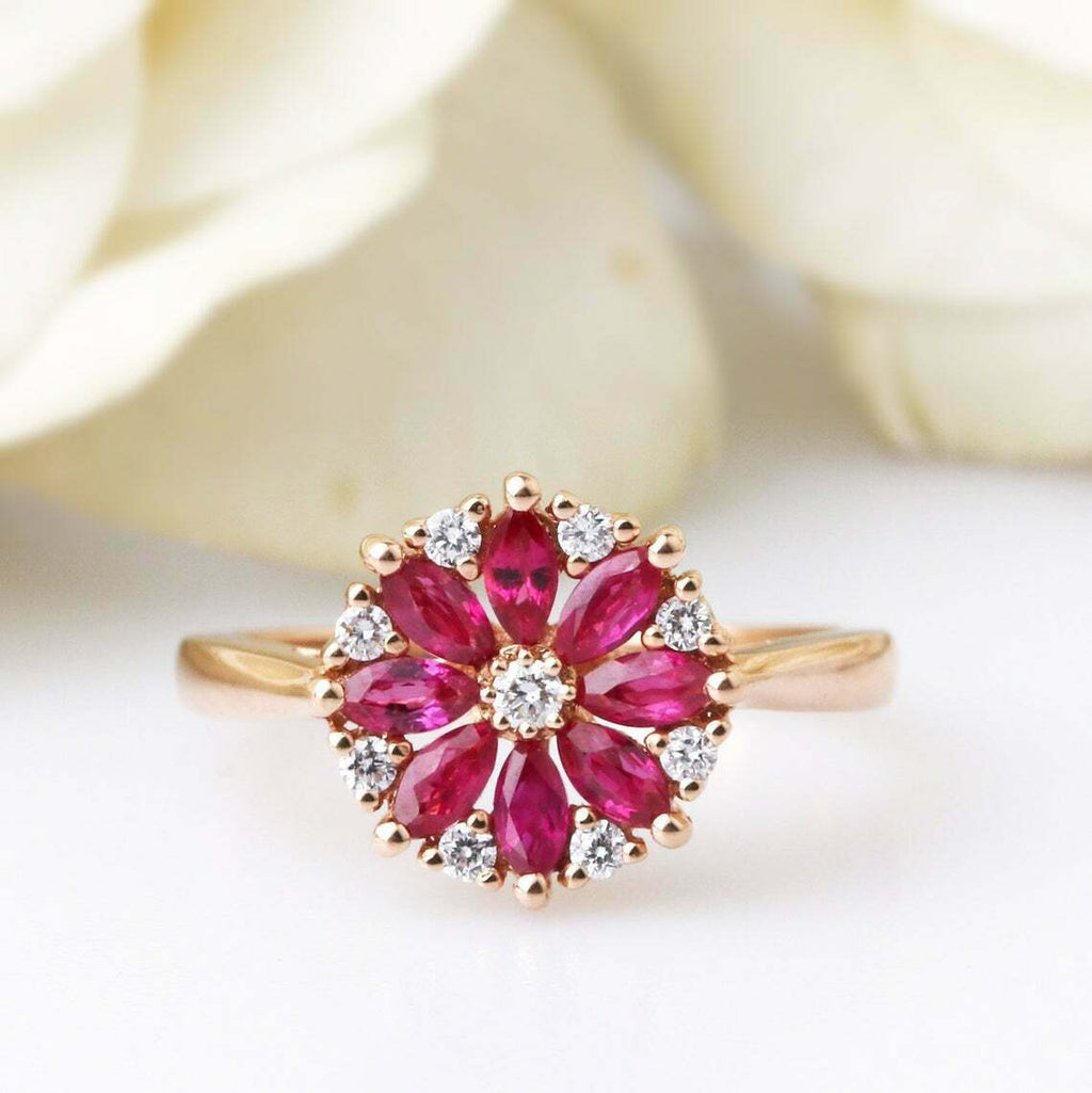 2.50 Ct Marquise Cut Red Ruby Glamorous Engagement Ring 14K Rose Gold Finish On 925 Sterling Silver