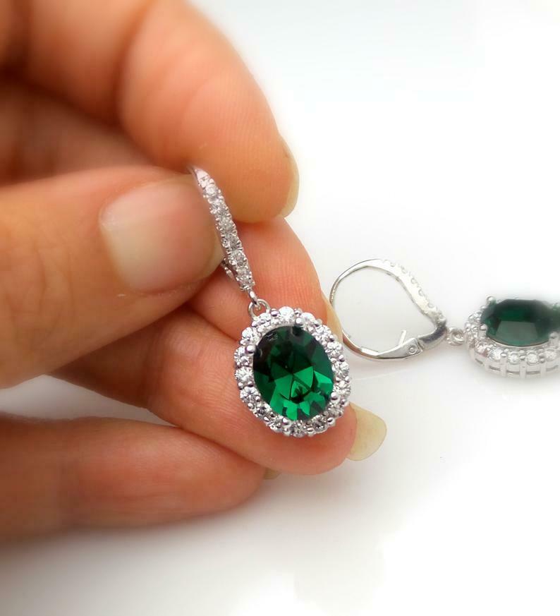 2.50 Ct Oval Cut Green Emerald Halo Engagement Dangle Earrings In 925 Sterling Silver