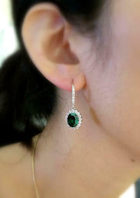 2.50 Ct Oval Cut Green Emerald Halo Engagement Dangle Earrings In 925 Sterling Silver