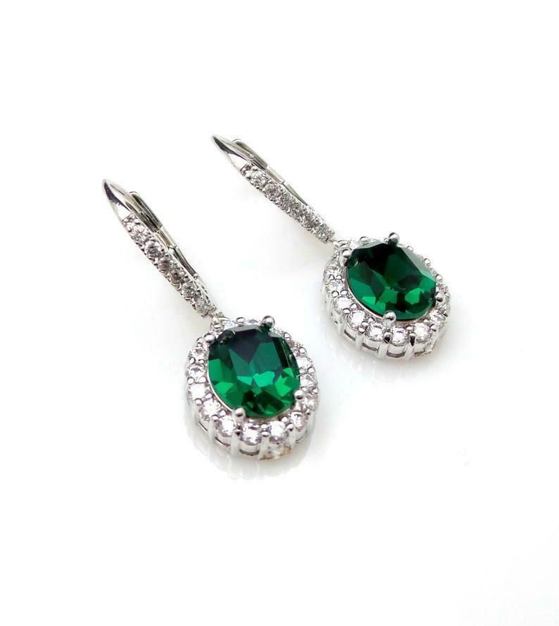 2.50 Ct Oval Cut Green Emerald Halo Engagement Dangle Earrings In 925 Sterling Silver