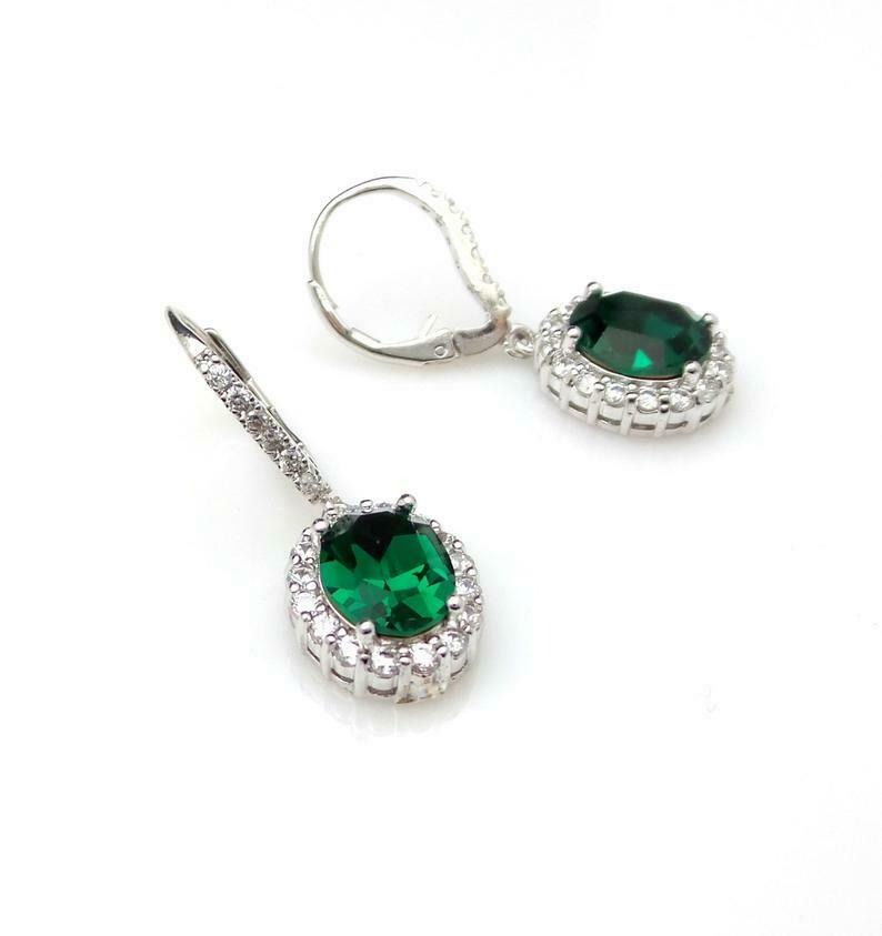 2.50 Ct Oval Cut Green Emerald Halo Engagement Dangle Earrings In 925 Sterling Silver