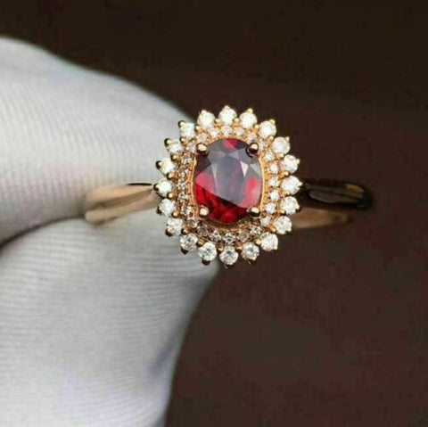 2.25 CT Oval Cut Red Garnet Diamond Rose Gold Over On 925 Sterling Silver Double Halo Ring