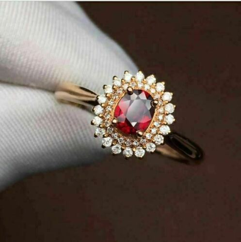 2.25 CT Oval Cut Red Garnet Diamond Rose Gold Over On 925 Sterling Silver Double Halo Ring