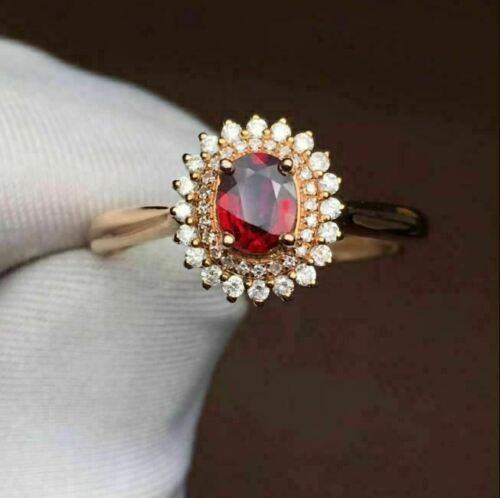 2.25 CT Oval Cut Red Garnet Diamond Rose Gold Over On 925 Sterling Silver Double Halo Ring