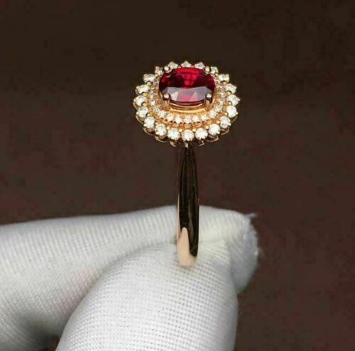 2.25 CT Oval Cut Red Garnet Diamond Rose Gold Over On 925 Sterling Silver Double Halo Ring