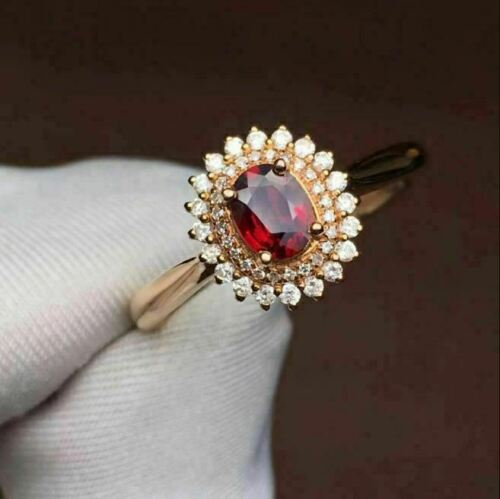 2.25 CT Oval Cut Red Garnet Diamond Rose Gold Over On 925 Sterling Silver Double Halo Ring