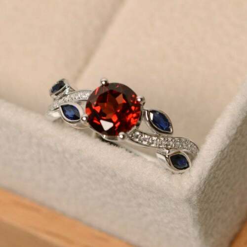 2.50 Ct Round Cut Red Garnet & Marquise Blue Sapphire 925 Sterling Silver Solitaire W/Accents Ring