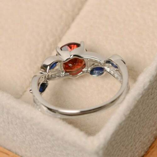 2.50 Ct Round Cut Red Garnet & Marquise Blue Sapphire 925 Sterling Silver Solitaire W/Accents Ring