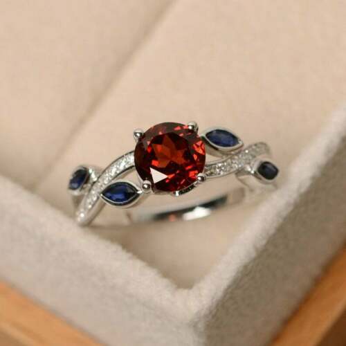 2.50 Ct Round Cut Red Garnet & Marquise Blue Sapphire 925 Sterling Silver Solitaire W/Accents Ring