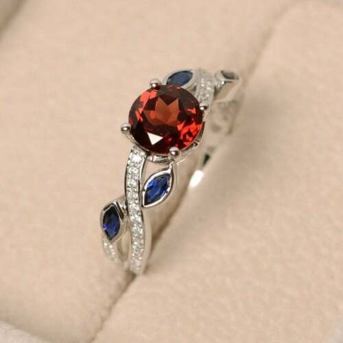 2.50 Ct Round Cut Red Garnet & Marquise Blue Sapphire 925 Sterling Silver Solitaire W/Accents Ring