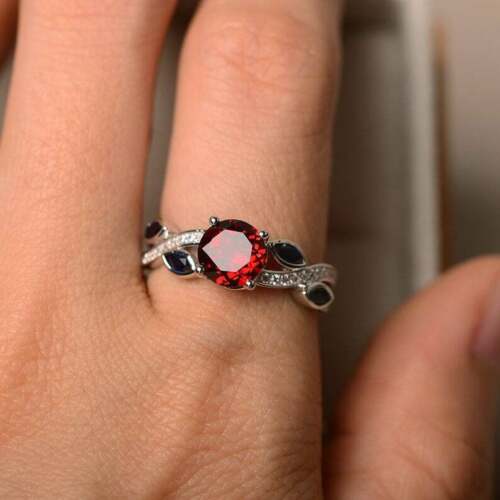 2.50 Ct Round Cut Red Garnet & Marquise Blue Sapphire 925 Sterling Silver Solitaire W/Accents Ring