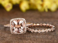 2.50 Ct Cushion Cut Morganite 925 Sterling Silver Bridal Wedding Band Ring Set