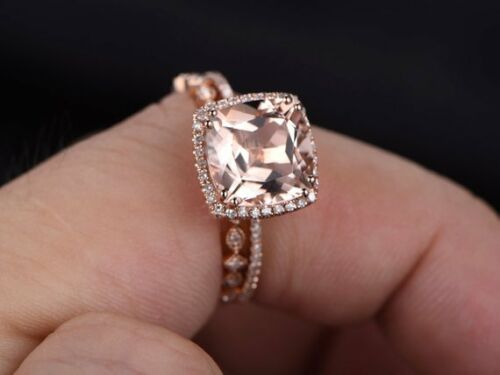 2.50 Ct Cushion Cut Morganite 925 Sterling Silver Bridal Wedding Band Ring Set - atjewels.in