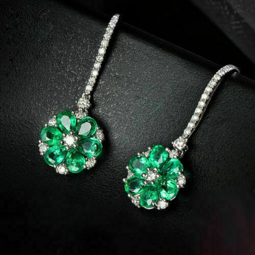 2.75 Ct Pear Cut Green Emerald 925 Sterling Silver Party Wear Floral Dangle Earrings