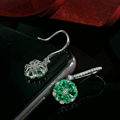 2.75 Ct Pear Cut Green Emerald 925 Sterling Silver Party Wear Floral Dangle Earrings