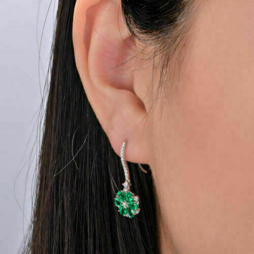 2.75 Ct Pear Cut Green Emerald 925 Sterling Silver Party Wear Floral Dangle Earrings