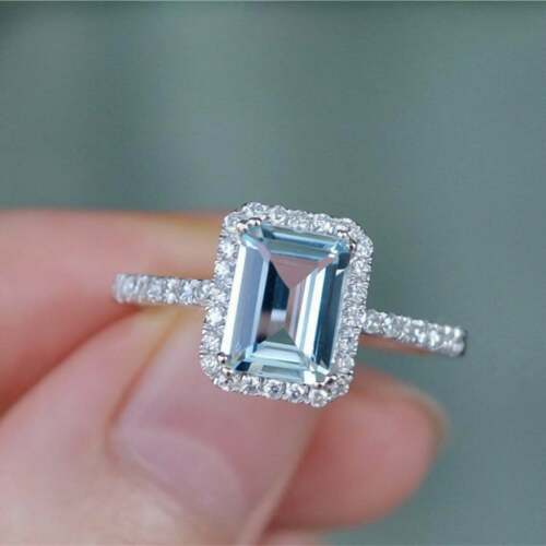 2.50 Ct Emerald Cut Aquamarine Halo Bridal Engagement Royal Ring 925 Sterling Silver