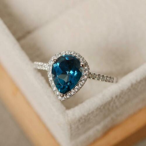 2.75 Ct Pear Cut London Blue Topaz Halo Engagement Bridal Ring Set 925 Sterling Silver