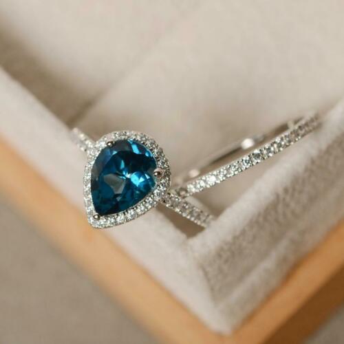 2.75 Ct Pear Cut London Blue Topaz Halo Engagement Bridal Ring Set 925 Sterling Silver