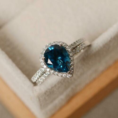 2.75 Ct Pear Cut London Blue Topaz Halo Engagement Bridal Ring Set 925 Sterling Silver