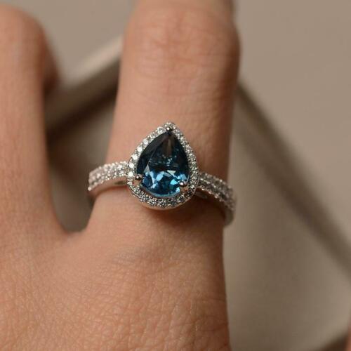 2.75 Ct Pear Cut London Blue Topaz Halo Engagement Bridal Ring Set 925 Sterling Silver