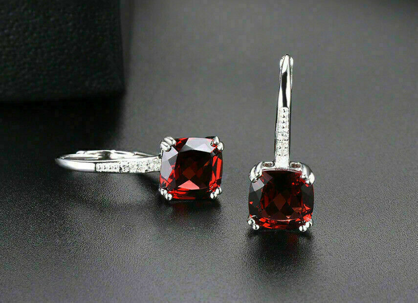 2.50 Ct Cushion Cut Red Garnet 925 Sterling Silver Lever Back Closure Dangle Earrings