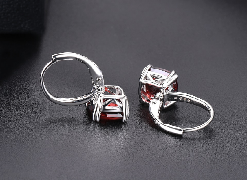 2.50 Ct Cushion Cut Red Garnet 925 Sterling Silver Lever Back Closure Dangle Earrings