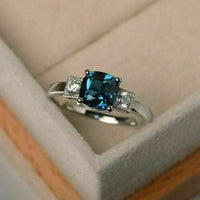 2 Ct Cushion Cut London Blue Topaz 14K White Gold Over On 925 Sterling Silver Three-Stone Ring