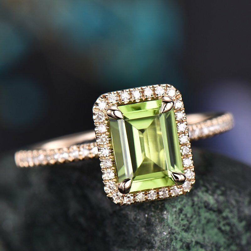 2 Ct Emerald Cut Green Peridot Halo 925 Sterling Silver Solitaire Anniversary Gift Ring