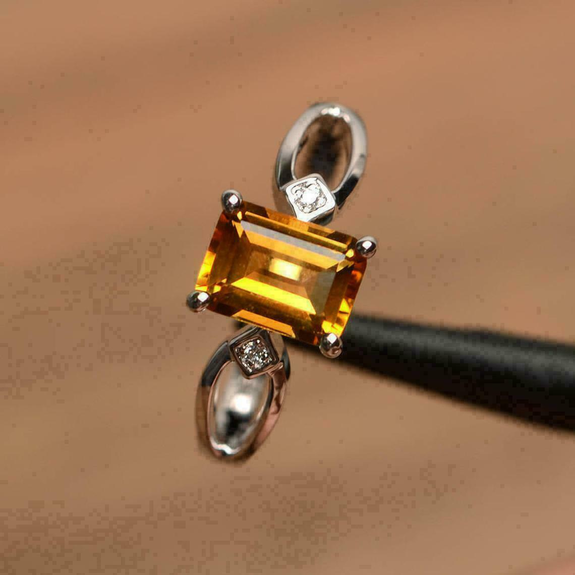2 Ct Emerald Cut Yellow Citrine 14K White Gold Over On 925 Silver Three-Stone Anniversary Gift Ring For Her
