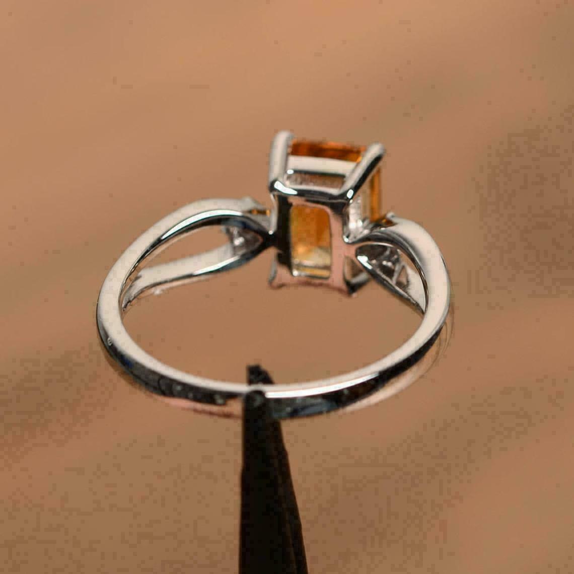 2 Ct Emerald Cut Yellow Citrine 14K White Gold Over On 925 Silver Three-Stone Anniversary Gift Ring For Her