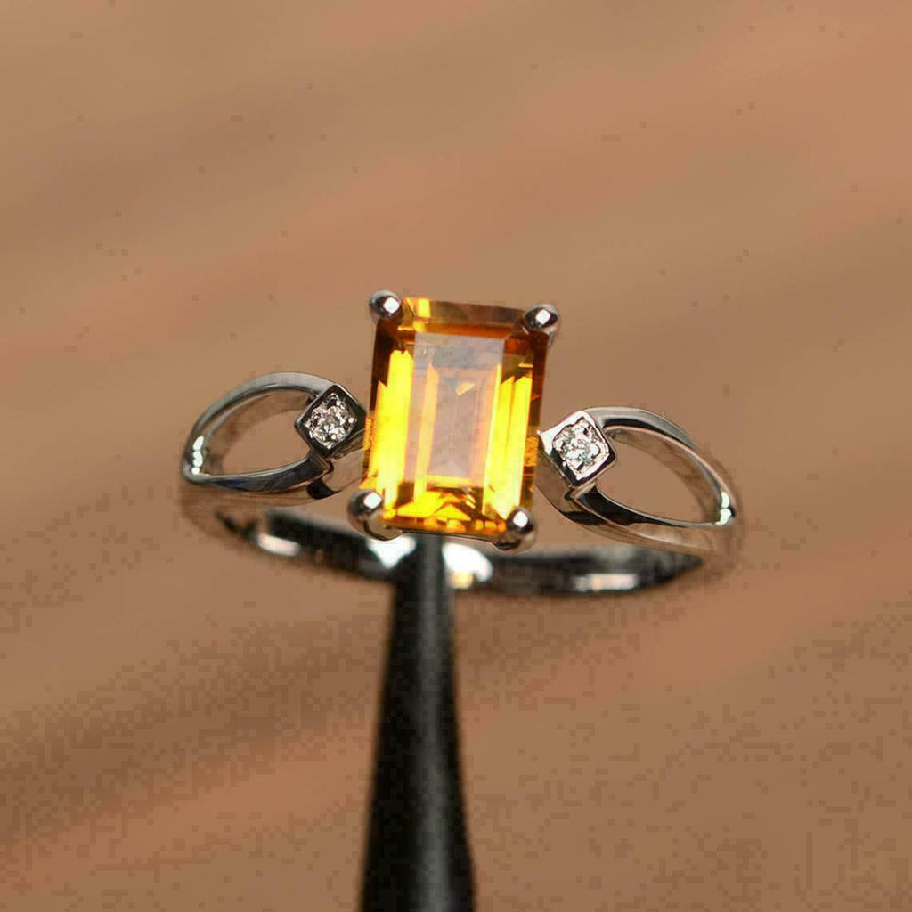 2 Ct Emerald Cut Yellow Citrine 14K White Gold Over On 925 Silver Three-Stone Anniversary Gift Ring For Her