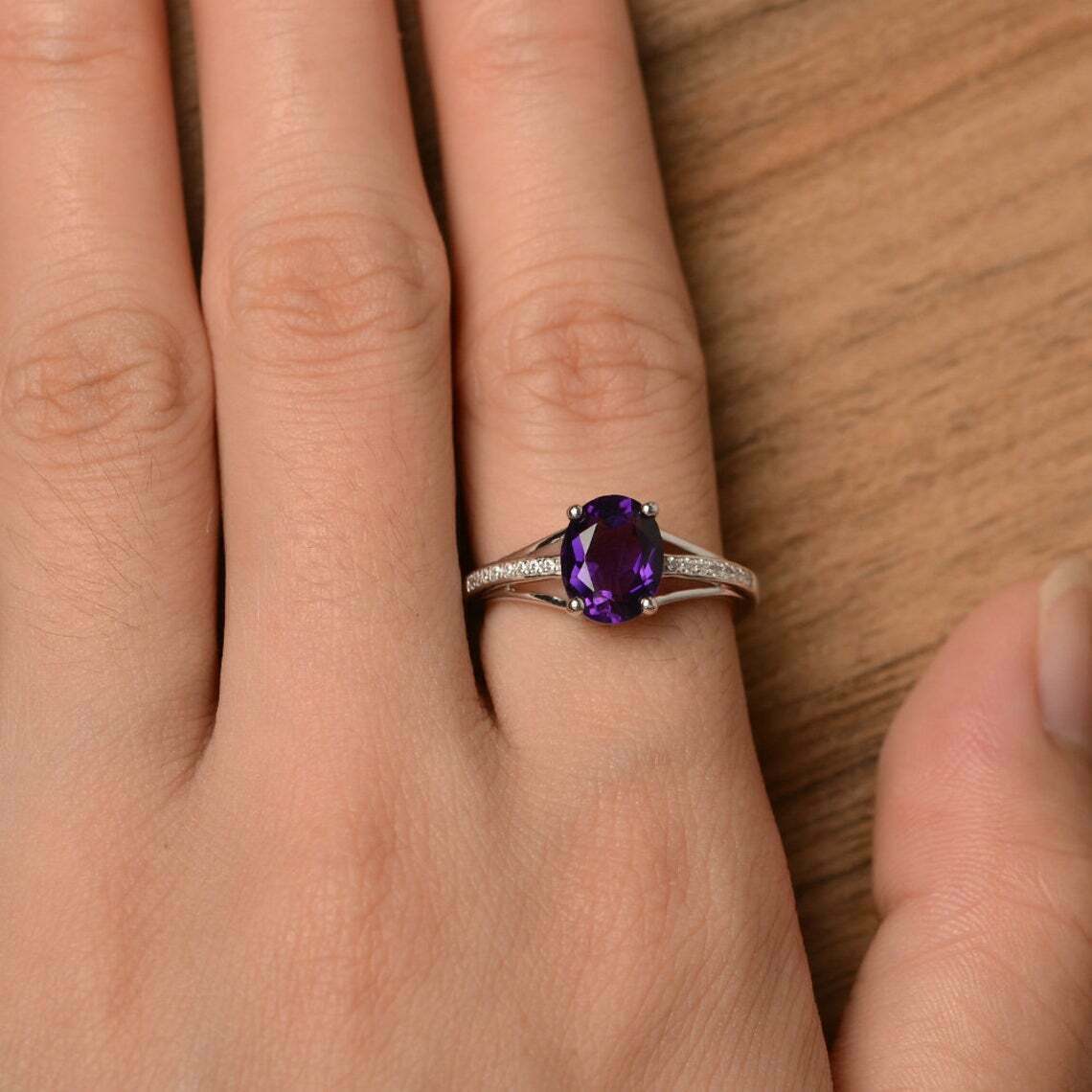 2 Ct Oval Cut Amethyst Diamond Solitaire Engagement Ring 925 Sterling Sliver