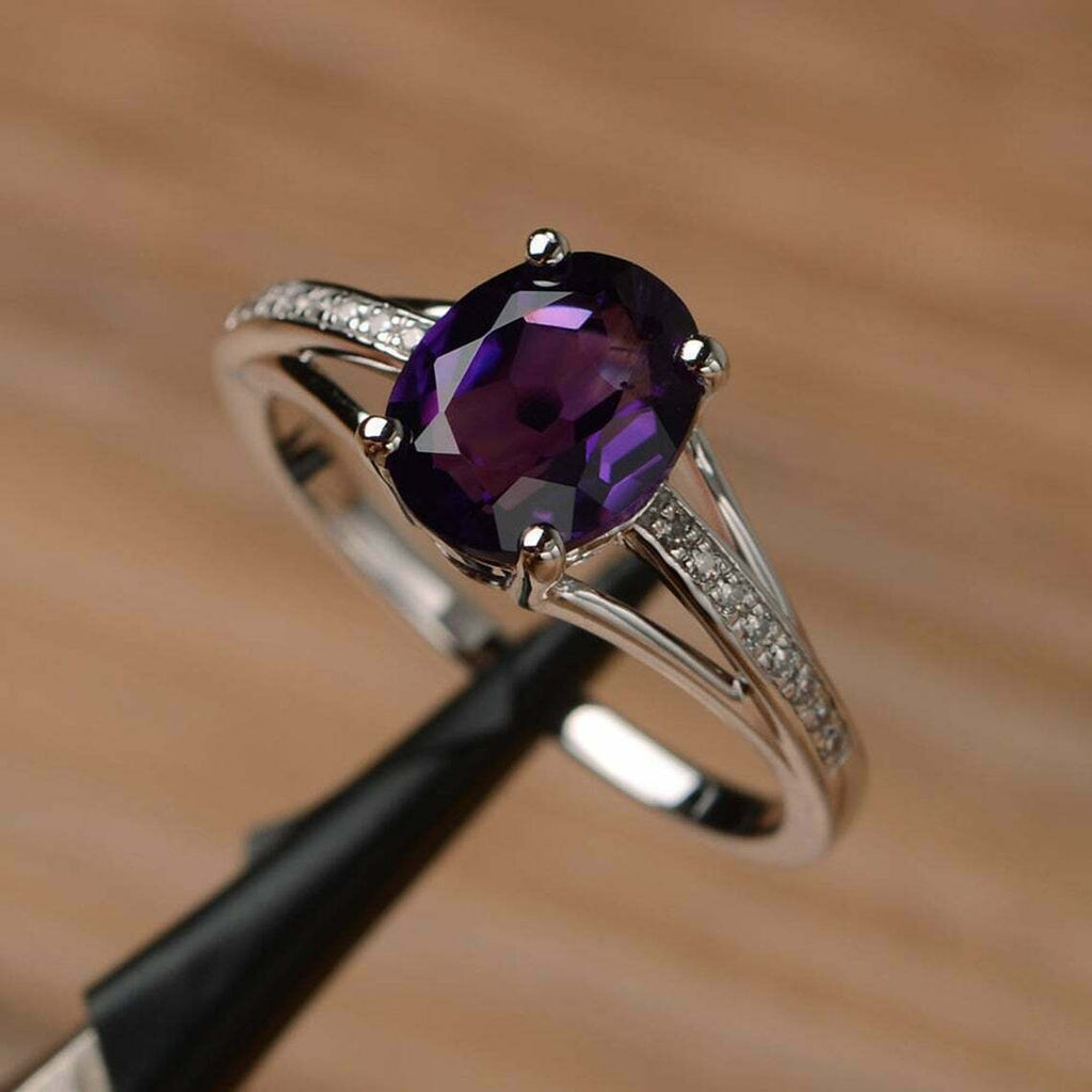 2 Ct Oval Cut Amethyst Diamond Solitaire Engagement Ring 925 Sterling Sliver