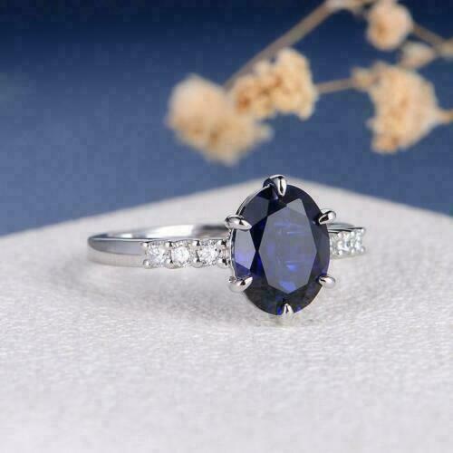 2 Ct Oval Cut Blue Sapphire Diamond Solitaire Engagement Ring 14K White Gold Over On 925 Sterling Silver