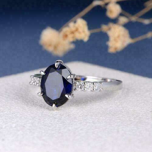 Ct Oval Cut Blue Sapphire Diamond Solitaire Engagement Ring 14K