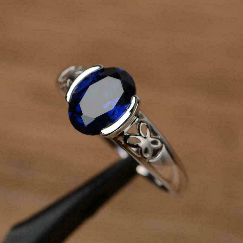 2 Ct Oval Cut Blue Sapphire 925 Sterling Silver Solitaire Women's Promise Ring