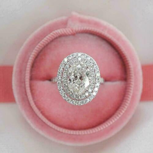 2.50 Ct Oval Cut Diamond 14K White Gold Over On 925 Sterling Silver Double Halo Engagement Ring