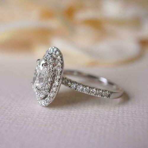 2.50 Ct Oval Cut Diamond 14K White Gold Over On 925 Sterling Silver Double Halo Engagement Ring