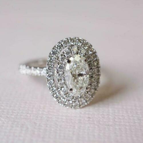 2.50 Ct Oval Cut Diamond 14K White Gold Over On 925 Sterling Silver Double Halo Engagement Ring