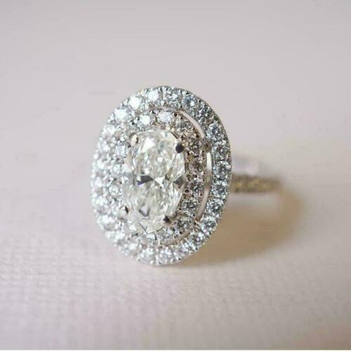 2.50 Ct Oval Cut Diamond 14K White Gold Over On 925 Sterling Silver Double Halo Engagement Ring