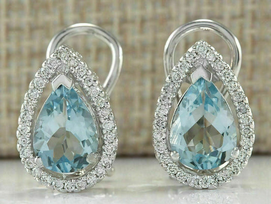 3.50 Ct Pear Cut Aquamarine Halo Pretty Women's Stud Earrings In 925 Sterling Silver