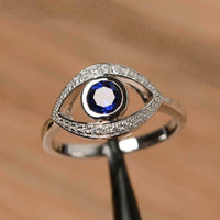 1 Ct Round Cut Blue Sapphire Diamond Evil Eye 925 Sterling Silver Ring