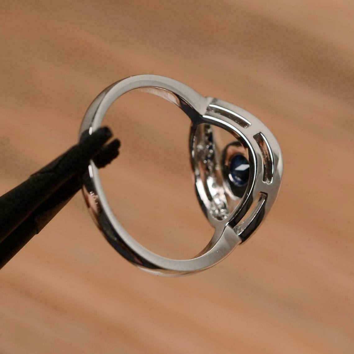1 Ct Round Cut Blue Sapphire Diamond Evil Eye 925 Sterling Silver Ring